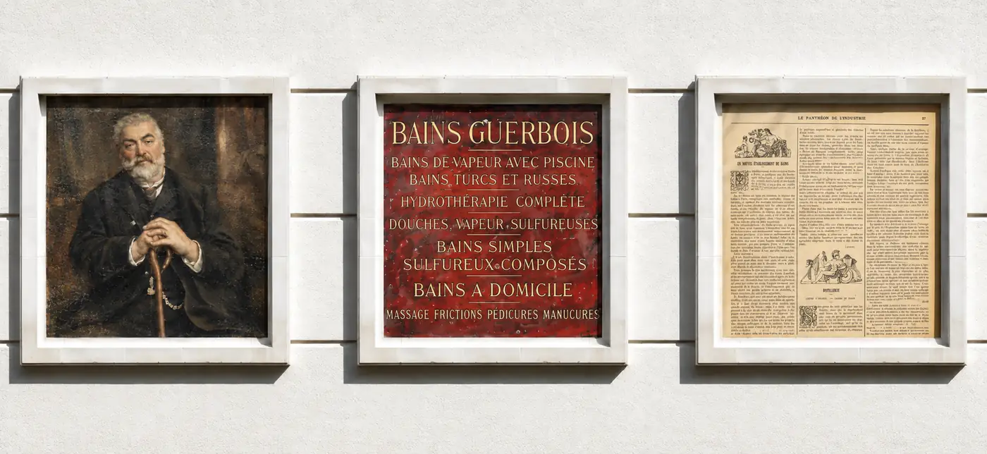 Triptych from the Les Bains Guerbois archives: portrait of Auguste Guerbois painted by Henri Michel-Lévy, the marble plaque from the entrance steps listing the baths on offer, and an article about the establishment in the Panthéon de l’Industrie.